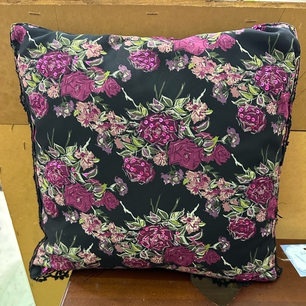 Nicole Miller Floral Beaded Sequin Black Purple Pillow Rose Crochet Fringe EUC!